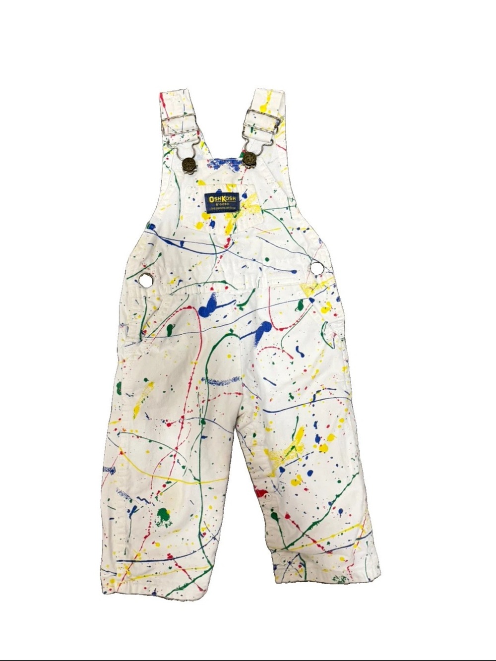 Vintage Oshkosh Overalls 18M Bibs White Paint Splatter 1990s Denim Cotton Multi